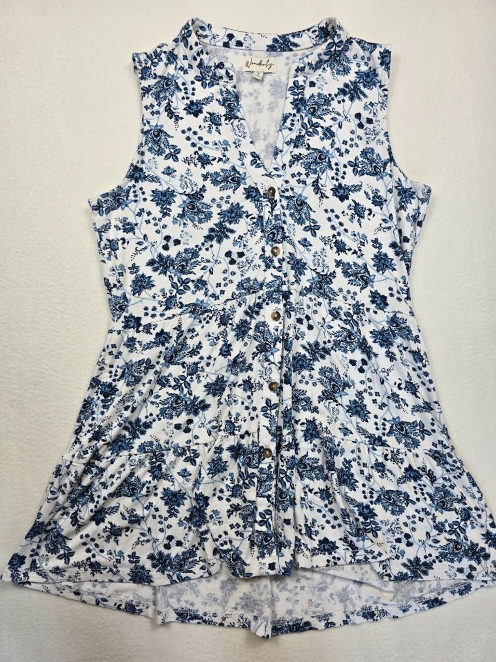 Wonderly Womens Small Blue & White Floral Peplum Tiered Sleeveless Tunic Top